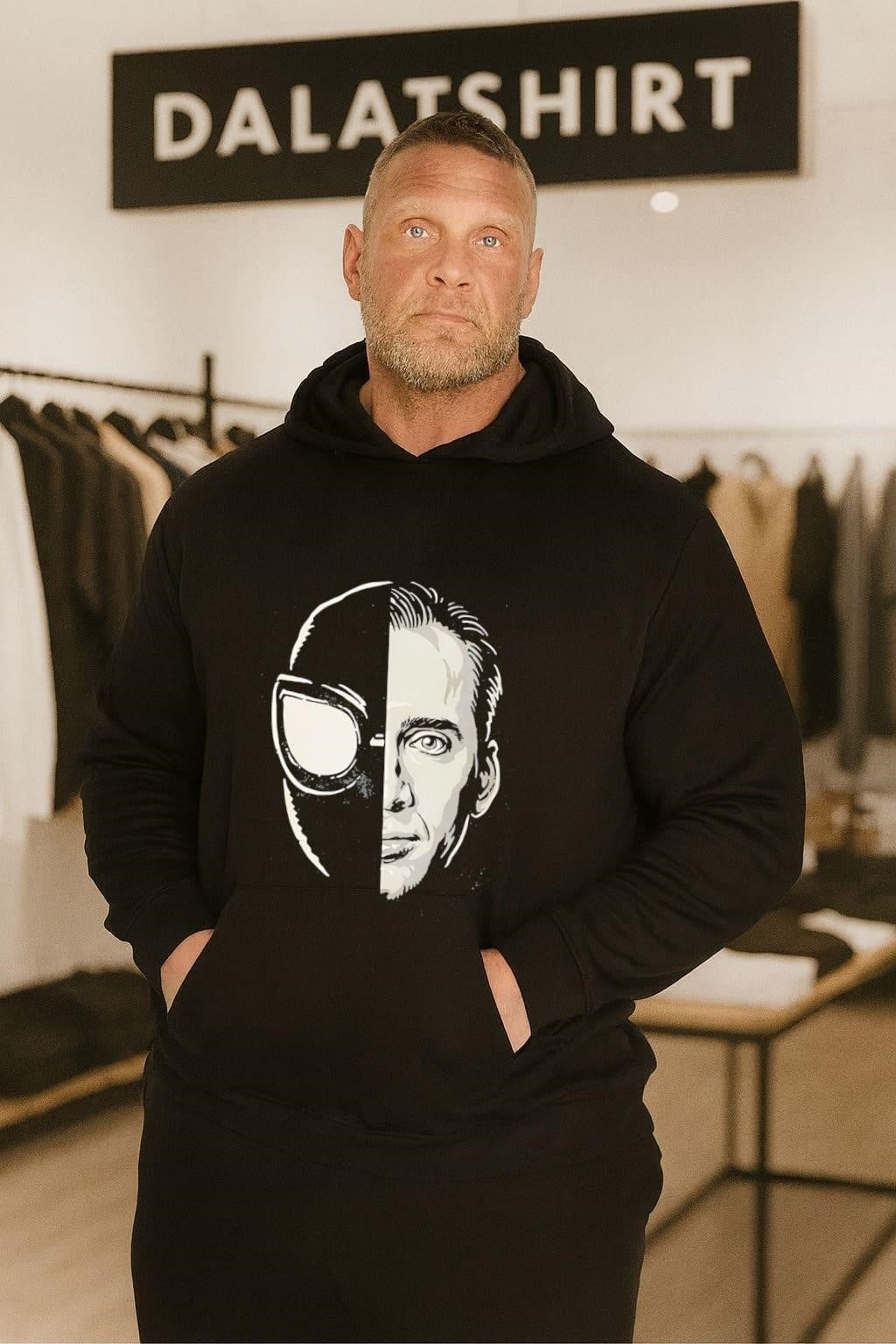 Nicolas Cage Spider-Man Noir split face mask artistic graphic shirt