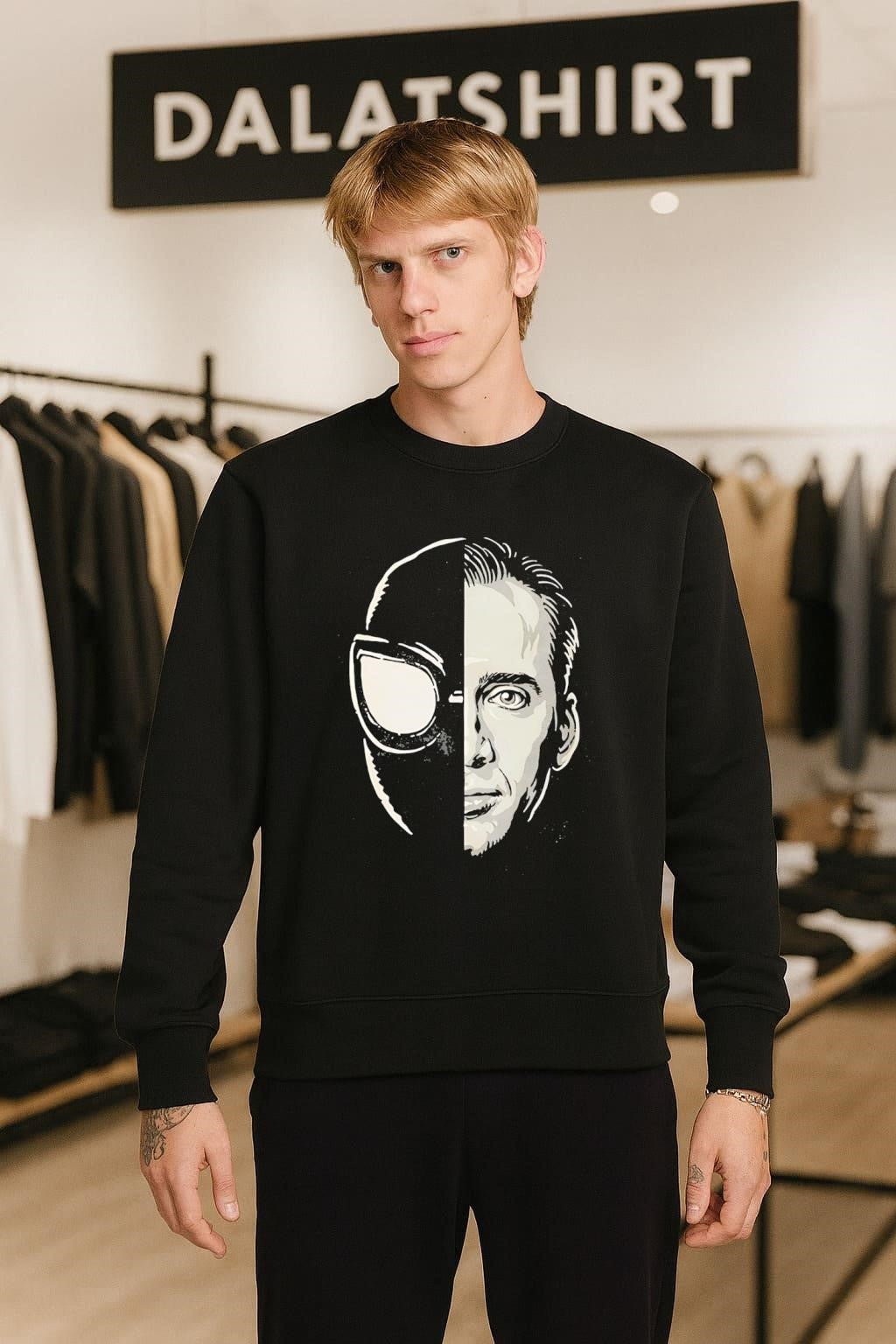 Nicolas Cage Spider-Man Noir split face mask artistic graphic shirt