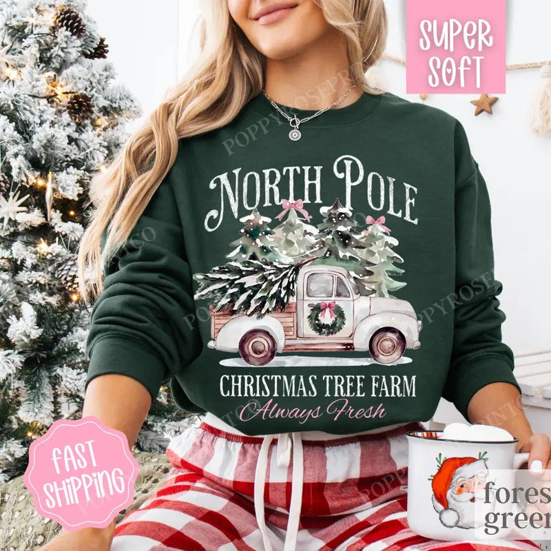 North Pole Christmas Tree Farm Sweatshirt, Christmas Sweater, Women's Holiday Crewneck T-Shirts, Hoodie | TeeBloomCo.com
