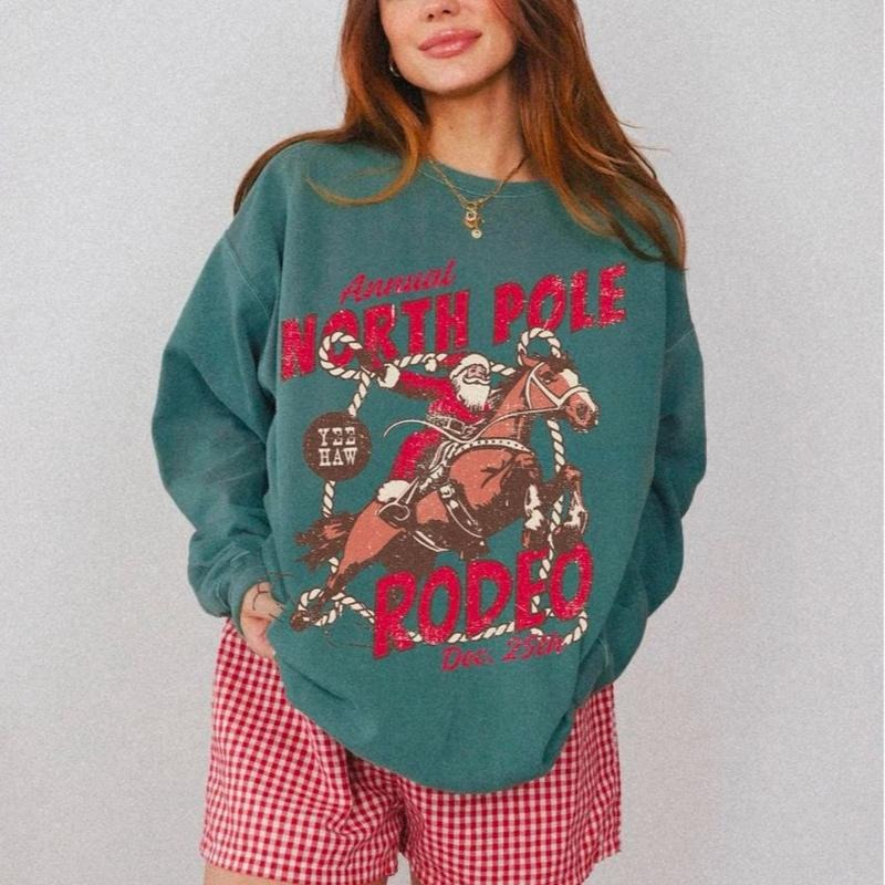 North Pole Rodeo Crewneck, Country Christmas Western Shirt, Christmas Cowboy Santa Claus Sweatshirt, Vintage Groovy...