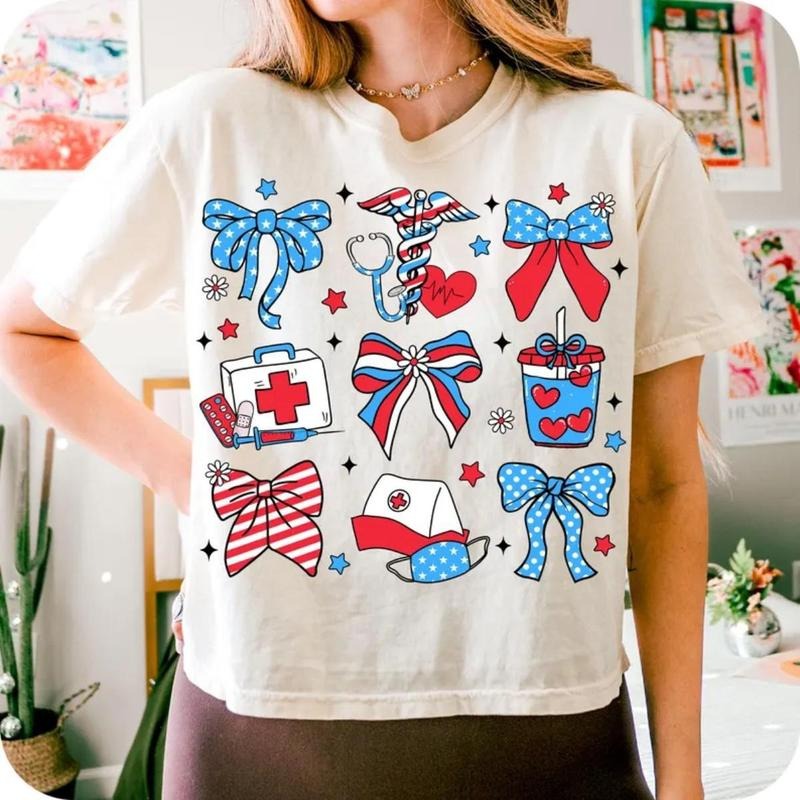 Nurse 4th Of July Shirt, Coquette Bow Nurse Tee, 4th Of July Nurse Shirt, Nurse America T-Shirt, Patriotic Gift, Memorial...