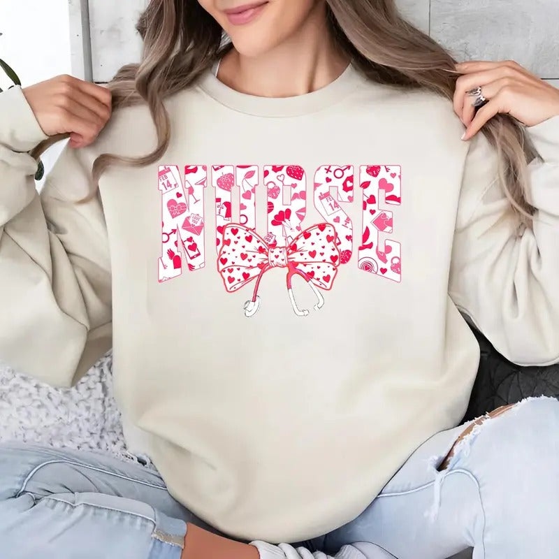 Nurse Bow Shirt, Coquette Heart Valentines Day Shirt, Retro Nurse Shirts, RN, Stethoscope Crewneck Shirt, Valentines Day...