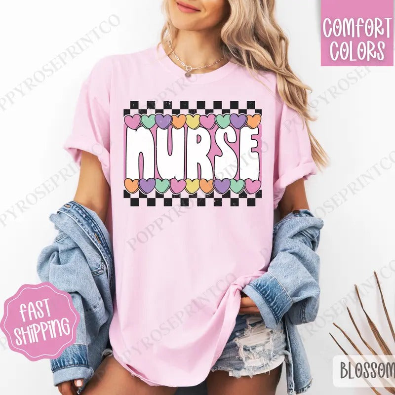 Nurse Candy Heart Shirt Comfort Colors, RN Women's Tee, Cute Women's Tshirt Hoodie, Sweatshirt | TeeBloomCo.com