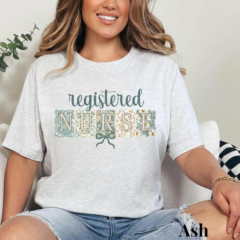 Nurse Shirt For Work, Floral RN Shirt, Coquette Bow Registered Nurse Shirt, Graduation Gift For Nursing Student, New...