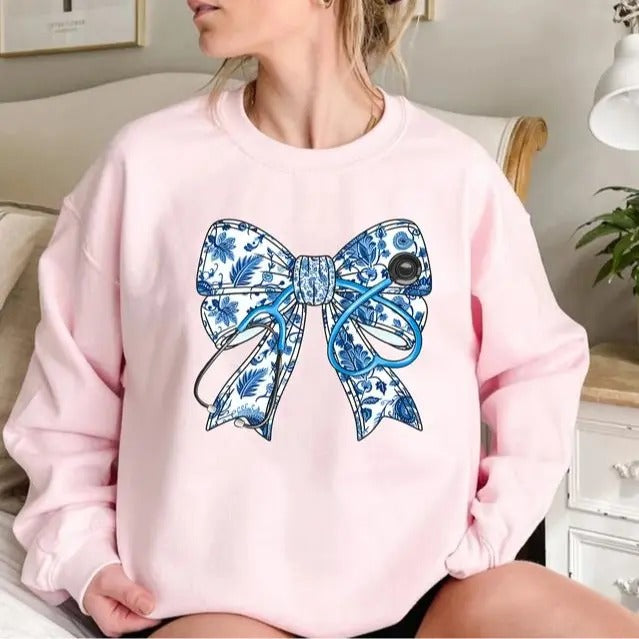 Nurse Stethoscope Chinoiserie Coquette Bow Sweater, Blue Ribbon Shirt for Nurses, Nurse Gift, Gift for Her Hoodie, Sweatshirt