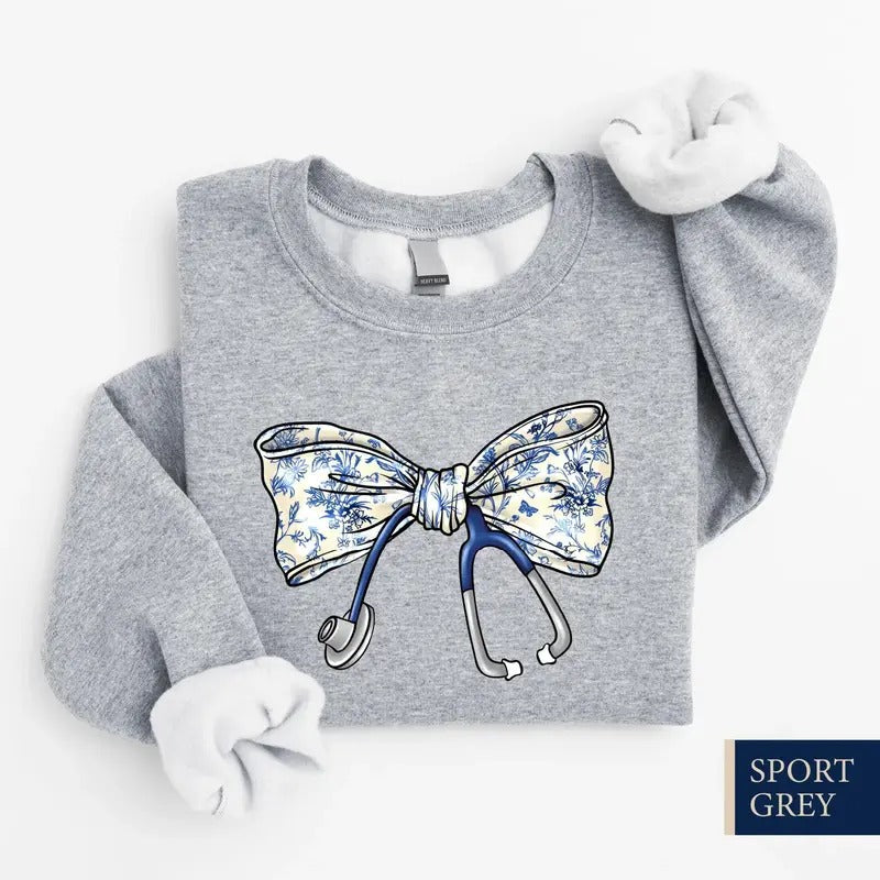 Nurse Toile Bow Sweatshirt, Stethoscope Bow Sweatshirt, Nurse Coquette Shirt, Gift for Nurse, Healthcare Professionals...