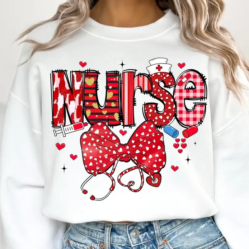 Nurse Valentine Coquette Bow Shirt, Valentine Nurse Crewneck, Heart Nurse Sweatshirt, Romantic Holiday Sweater Hoodie