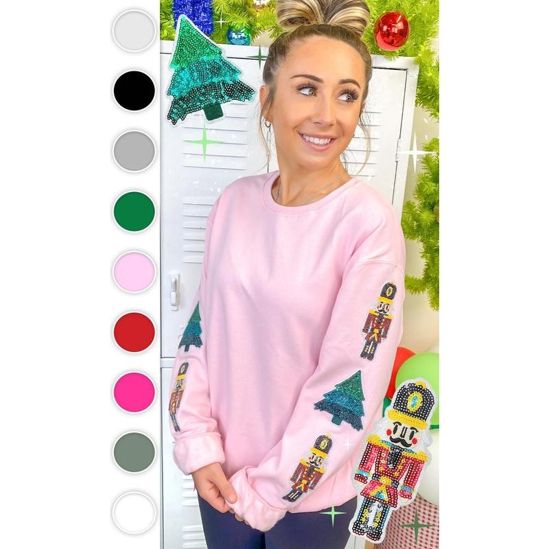 Nutcracker and Christmas Tree Sparkle Sleeve Graphic Sweatshirt T-Shirts, Hoodie | TeeBloomCo.com