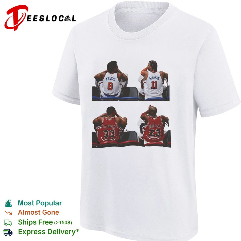 OG Anunoby Jalen Brunson NY Knicks Scottie Pippen Michael Jordan Chicago Bulls bench sitting players shirt