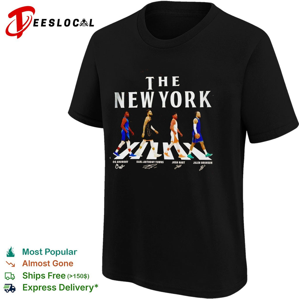 OG Anunoby Karl Anthony Towns Josh Hart Jalen Brunson New York Knicks walking across shirt