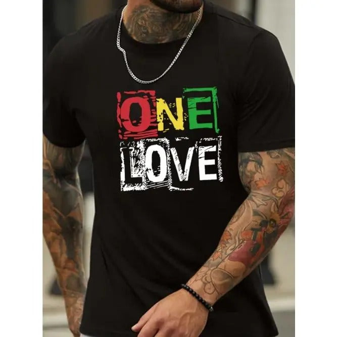 ONE LOVE Letter Graphic Print Men's Creative Top, Casual Short Sleeve Crew Neck T-shirt, Men's Clothing For Summer...