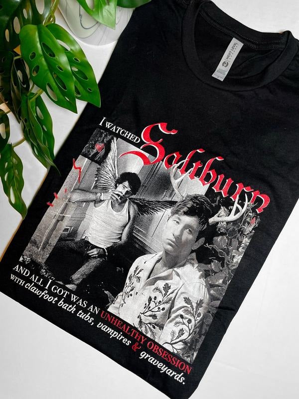 Obsessed With Saltburn Fan shirt, white and red ink, unisex shirt. Hoodie, Sweatshirt | TeeBloomCo.com