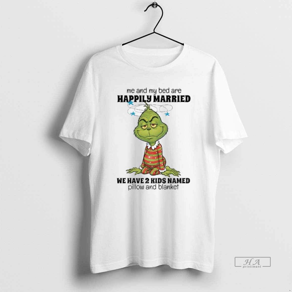 Official Grinch Santa Me And My Bed Are Happily Married We Have 2 Kids Named T-Shirts, Hoodie, Sweatshirt | TeeBloomCo.com