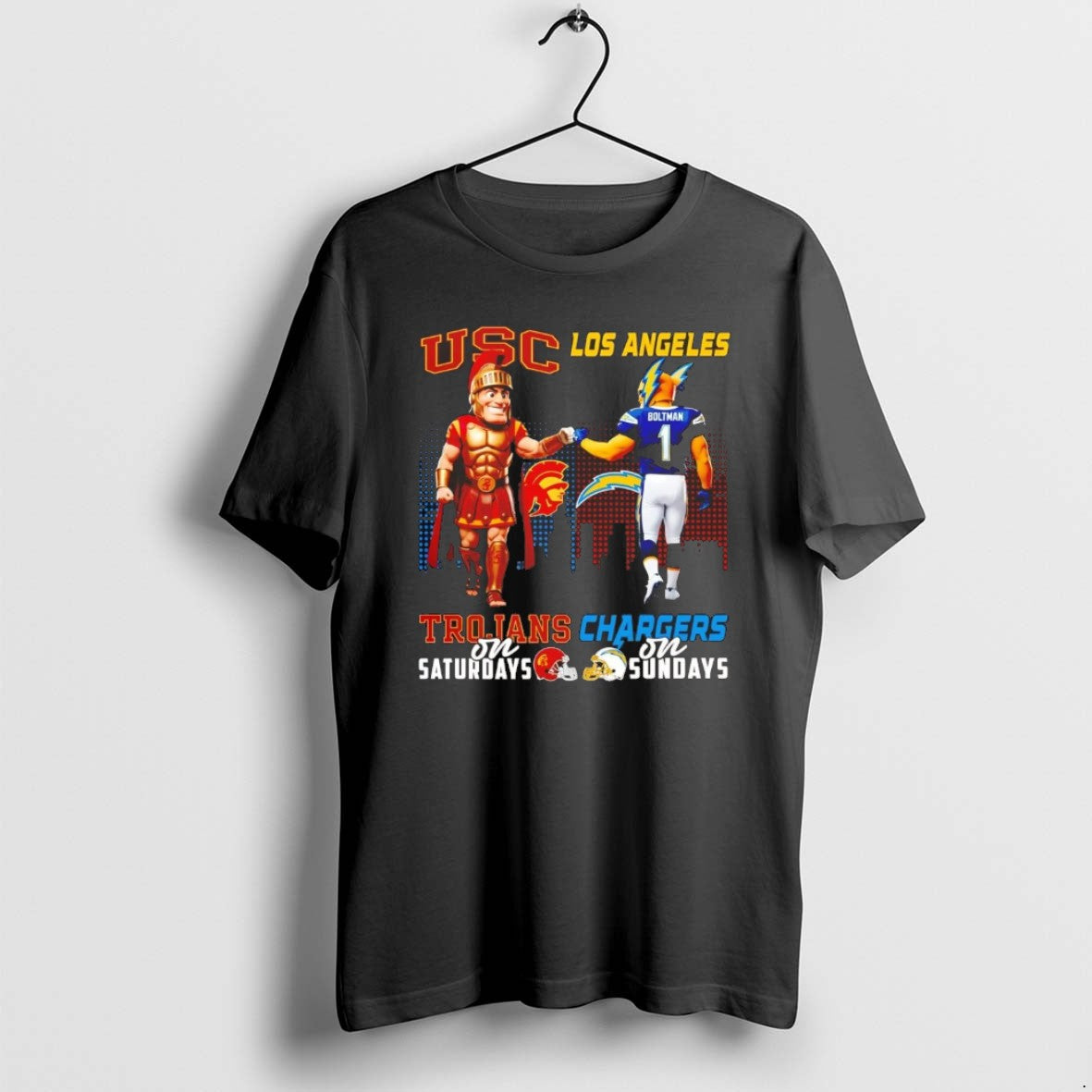 Official Usc Trojans On Saturdays Los Angeles Chargers On Sundays Mascot Chriast T-Shirts, Hoodie, Sweatshirt