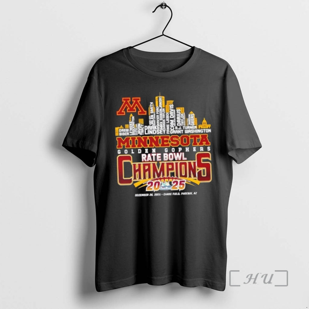 Officials 2025 Rate Bowl Champions Minnesota Golden Gophers All Names City Skyline Premium T Shirts Hoodie, Sweatshirt