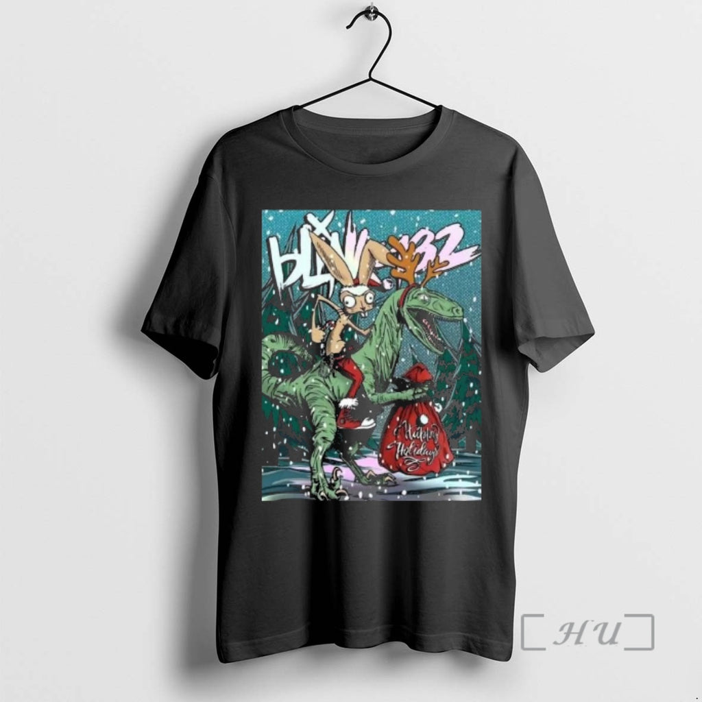 Officials Blink 182 Happy Holidays 2025 Merry Xmas Rabbit Riding Velociraptor Premium T Shirts Sweater Hoodie, Sweatshirt