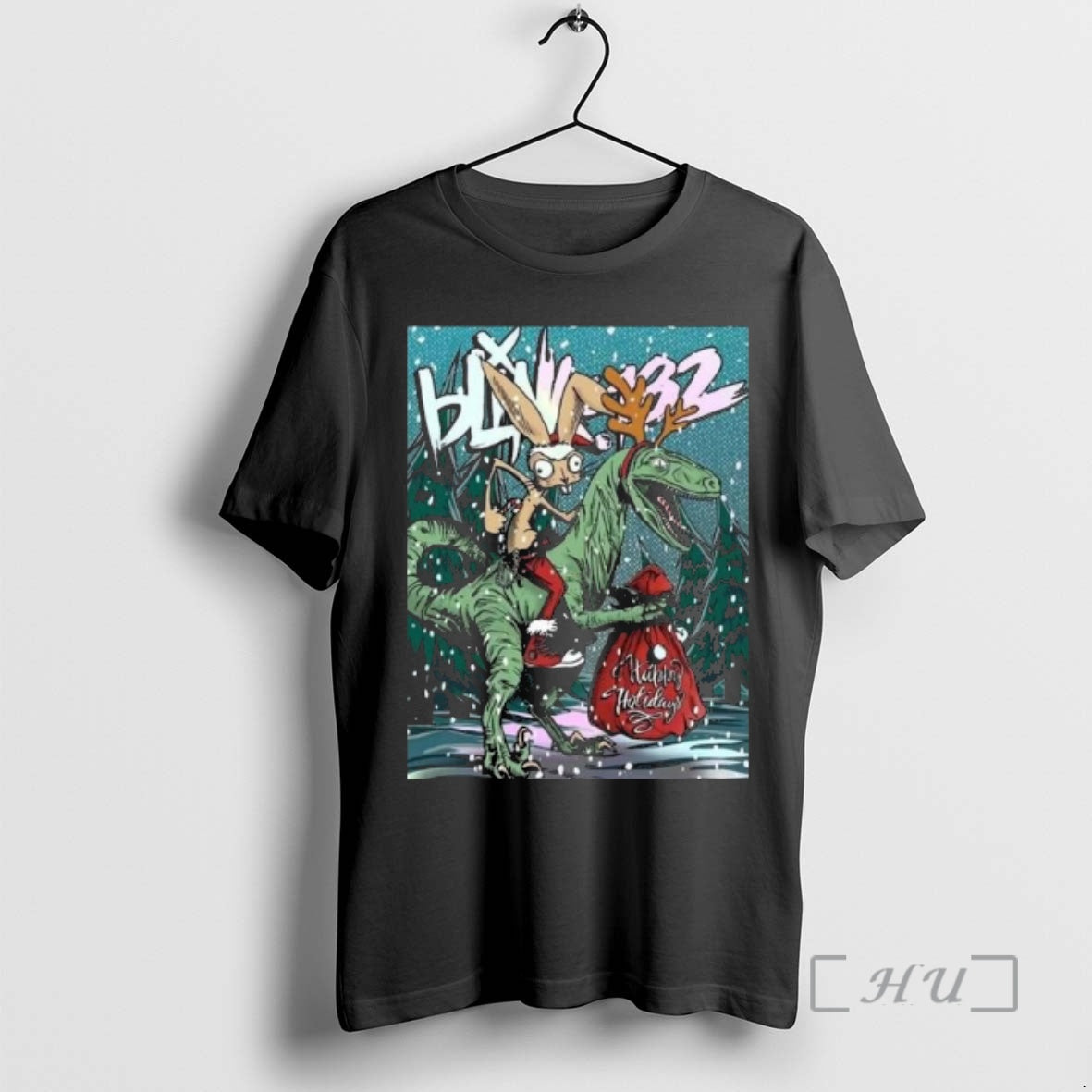 Officials Blink 182 Happy Holidays 2025 Merry Xmas Rabbit Riding Velociraptor Premium T Shirts Sweater Hoodie, Sweatshirt