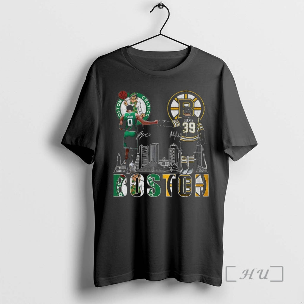 Officials Boston Celtics Jayson Tatum Boston Bruins Morgan Geekie 2025 Signature Premium T Shirts Sweater Hoodie, Sweatshirt