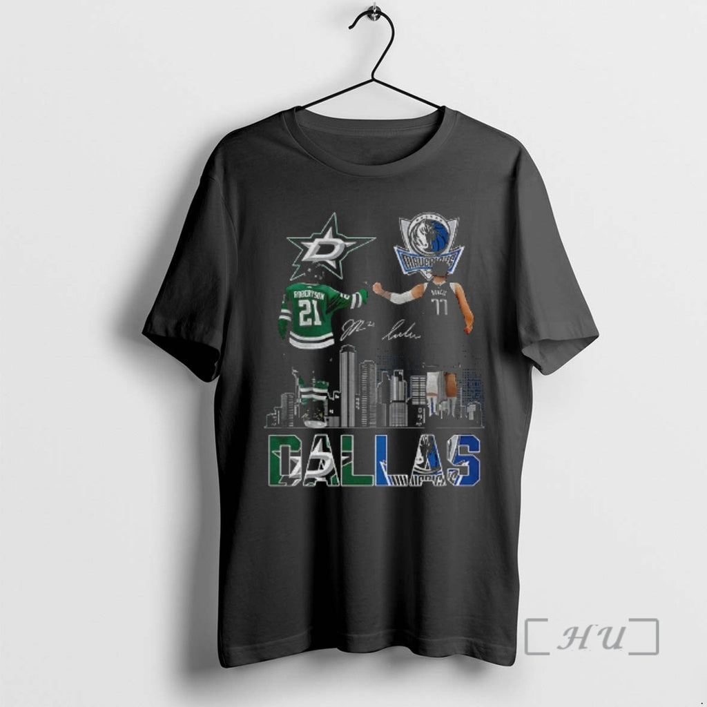 Officials Dallas Stars Jason Robertson Dallas Mavericks Luka Doncic 2025 Signature Premium T Shirts Sweater Hoodie,...