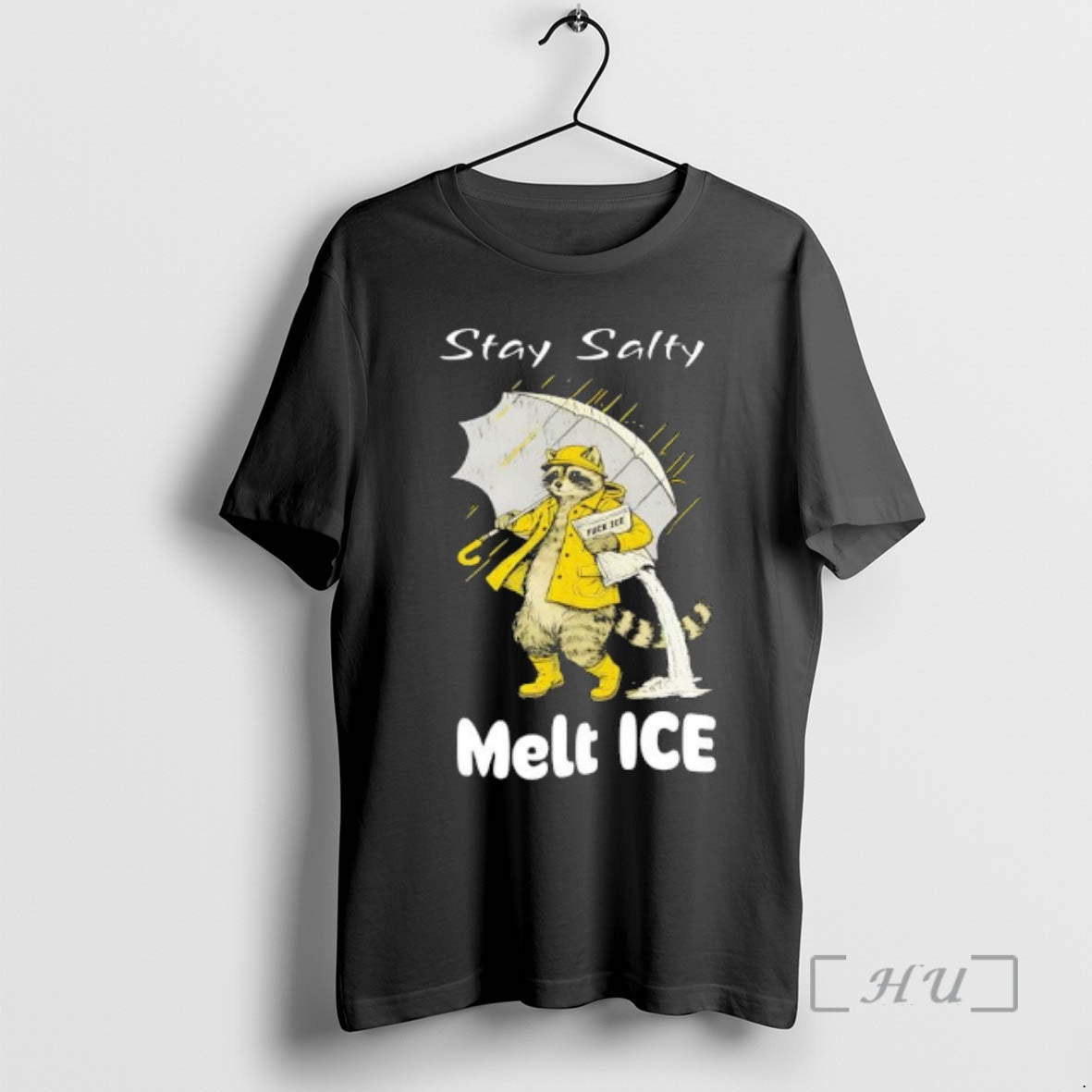 Officials Raccoon In A Yellow Raincoat Stay Salty Melt Ice Anti Ice Premium T Shirts Hoodie, Sweatshirt | TeeBloomCo.com