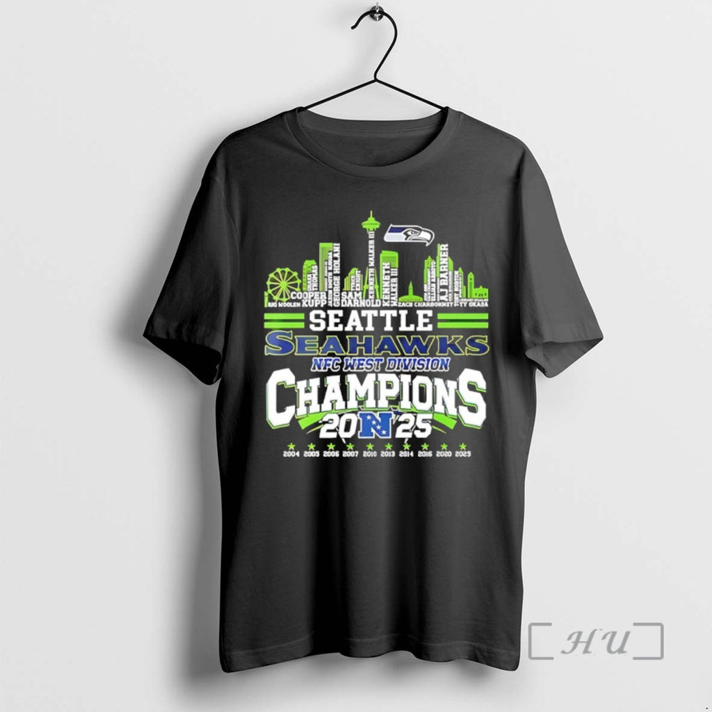 Officials Seattle Seahawk West Division 2025 Champions Player Name Skyline T-Shirts, Hoodie, Sweatshirt | TeeBloomCo.com