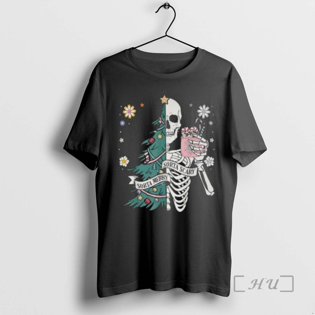 Officials Sorta Scary Merry Sorta Christmas Skeleton Tree Santa Circle Black Premium T Shirts Sweater Hoodie, Sweatshirt