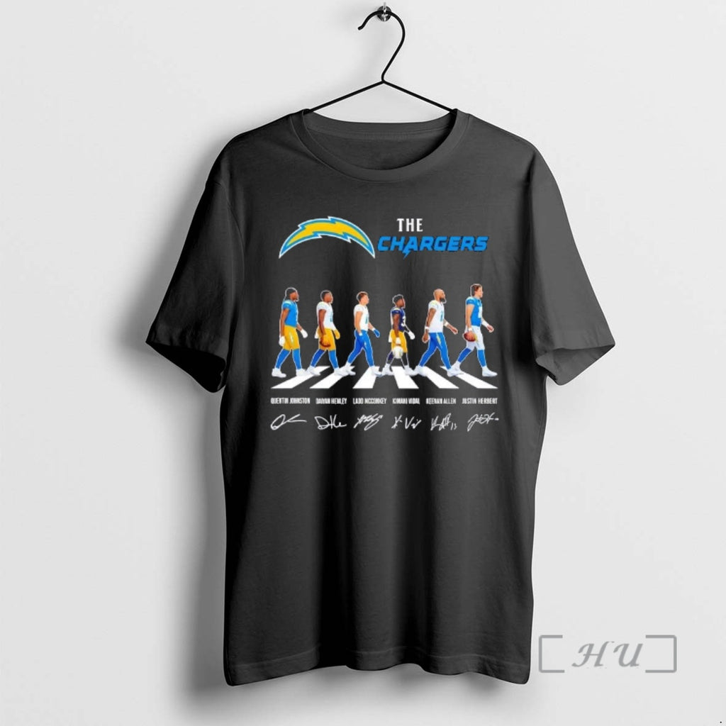 Officials The Los Angeles Chargers Quentin Johnston Daiyan Henley And Players Abbey Road Signatures Premium T-Shirts,...