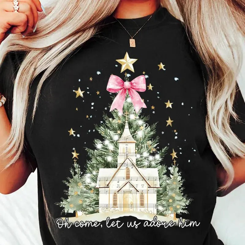 Oh Come Let Us Adore Him Coquette Bow Christmas Tree Shirt - Cotton, Fabric Crewneck Fit Hoodie, Sweatshirt | TeeBloomCo.com