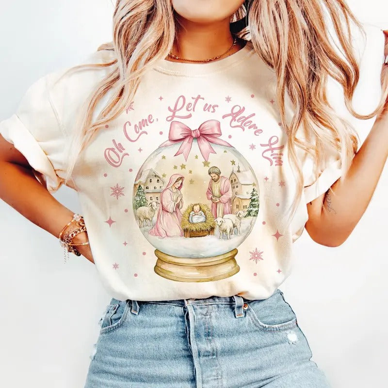 Oh Come Let Us Adore Him Shirt, Coquette Bow Christmas Tree Sweatshirt, Nativity Scene Christmas, Oh Holy Night Crewneck...