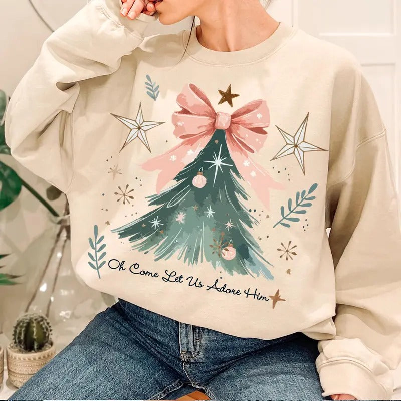 Oh Come Let Us Adore Him Sweatshirt, Coquette Bow Christmas Tree Shirt, Christmas Jesus, Christian Christmas, Xmas Tree...