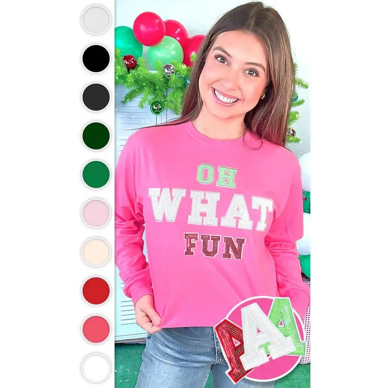 Oh What Fun Sequin Christmas Graphic Long Sleeve T-Shirt Hoodie, Sweatshirt | TeeBloomCo.com
