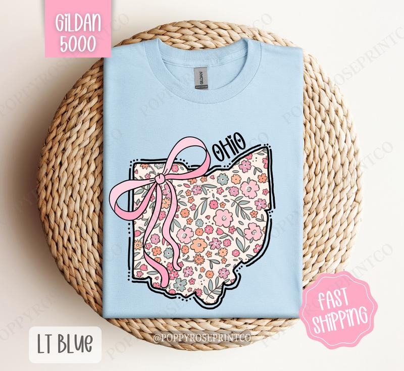 Ohio Floral Bow Gildan T-shirt, Cute Trendy Tee, State Coquette Oversized Top Hoodie, Sweatshirt | TeeBloomCo.com