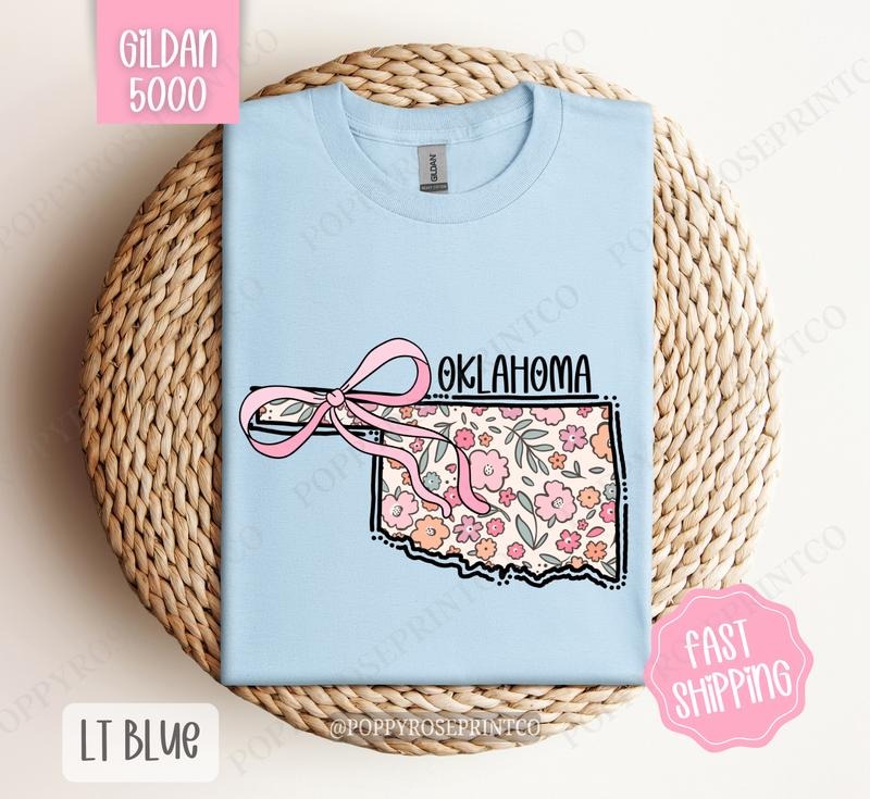 Oklahoma Floral Bow Gildan T-shirt, Cute Trendy Tee, State Coquette Oversized Top Hoodie, Sweatshirt | TeeBloomCo.com