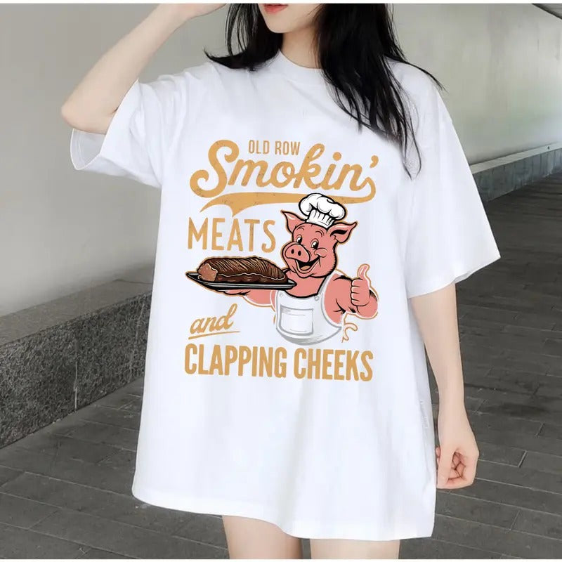 Old Row Unisex 100% Cotton T-shirt, Smokin Meat Fun Pig BBQ, for Men & Womenstyle{n002}2 Hoodie, Sweatshirt | TeeBloomCo.com