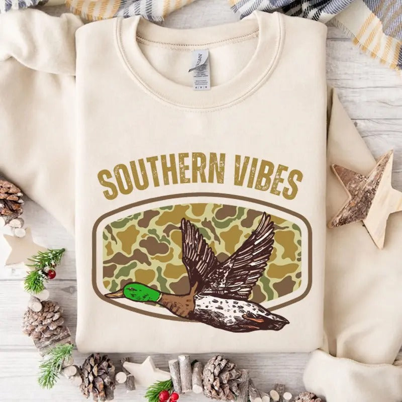 Old School Camo Duck Hunting Southern Vibes Unisex Crewneck Sweatshirt, Camo Bottomland Hunting Shirt Hoodie | TeeBloomCo.com