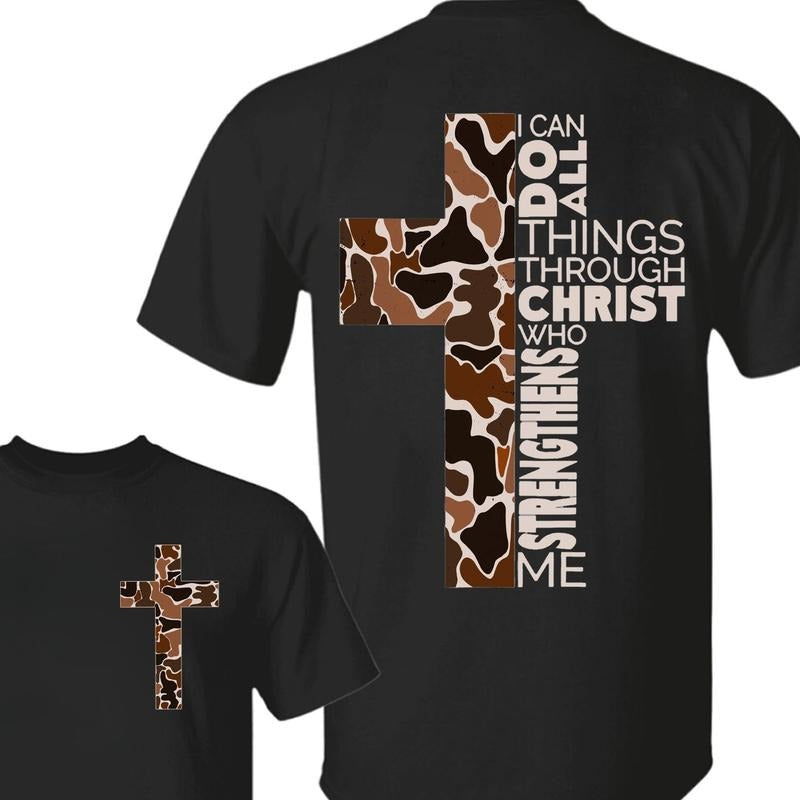Old School Camo I Can Do All Things Through Christ Bible Verse 2 Sides Unisex T-shirt Hoodie, Sweatshirt | TeeBloomCo.com
