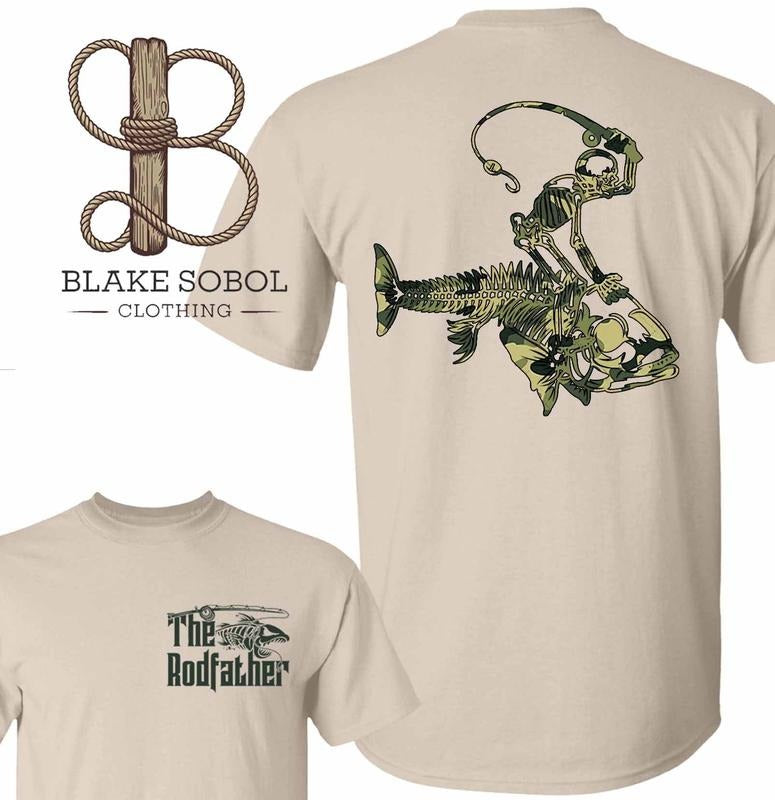 Oldschool Camo Skeleton Riding Fish The RodFather 2 Sided Shirt, Funny Fishing Tee, Fisherman Outdoors Outfit, Fishing...