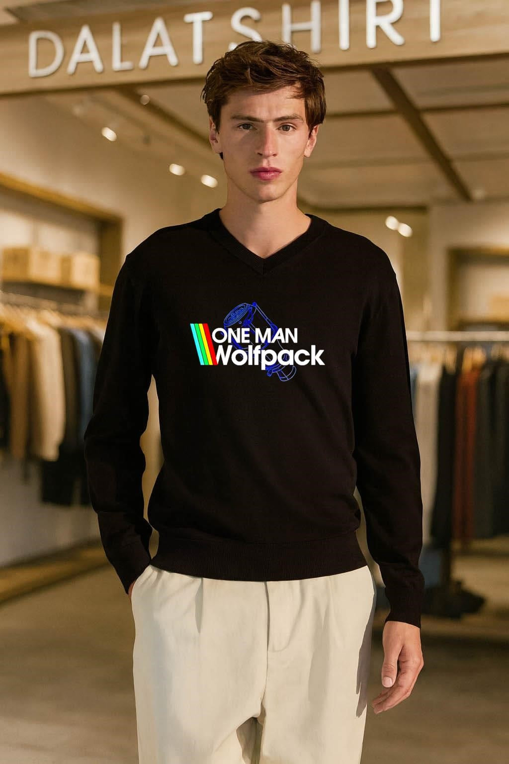 One Man Wolfpack retro rainbow stripes graphic design shirt