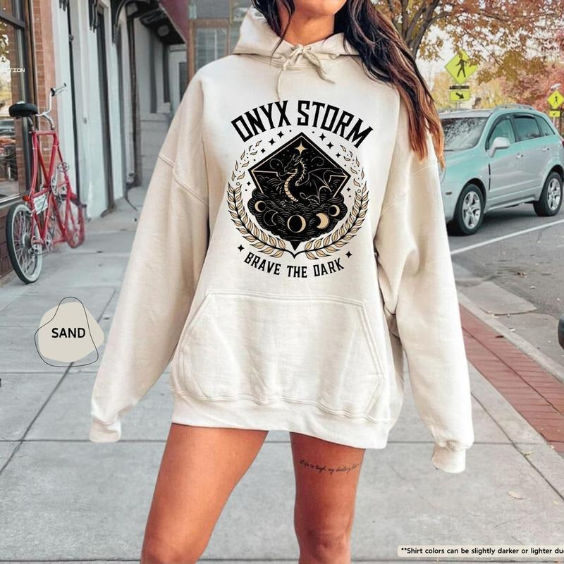 Onyx Storm Brave The Dark Hoodie, Dragon Lover Sweatshirt, Fantasy Rider Sweater, Fantasy Bookish Gift, Book Lover Sweat,...