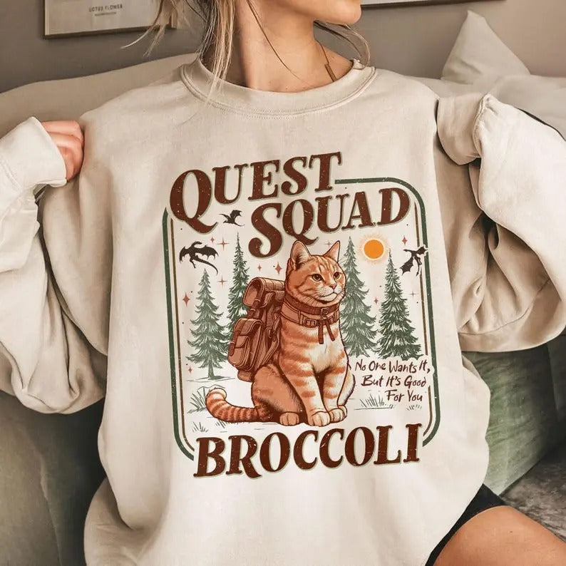 Onyx Storm Quest Squad Broccoli Sweatshirt, Broccoli Cat TShirt, Ridoc Romantasy Fan Shirt Casual Fabric Hoodie