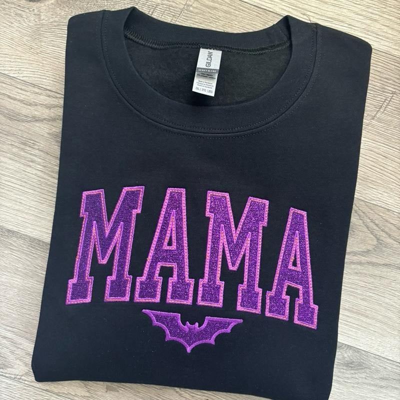 Black/Purple/Orange Mama Bat Spooky Season Embroidered Crewneck Sweatshirt T-Shirts, Hoodie | TeeBloomCo.com