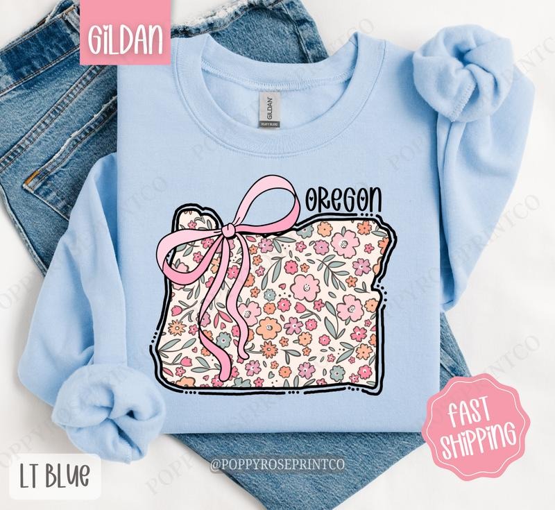 Oregon Floral Bow Gildan Sweatshirt, Cute Trendy State Coquette Pullover T-Shirts, Hoodie | TeeBloomCo.com