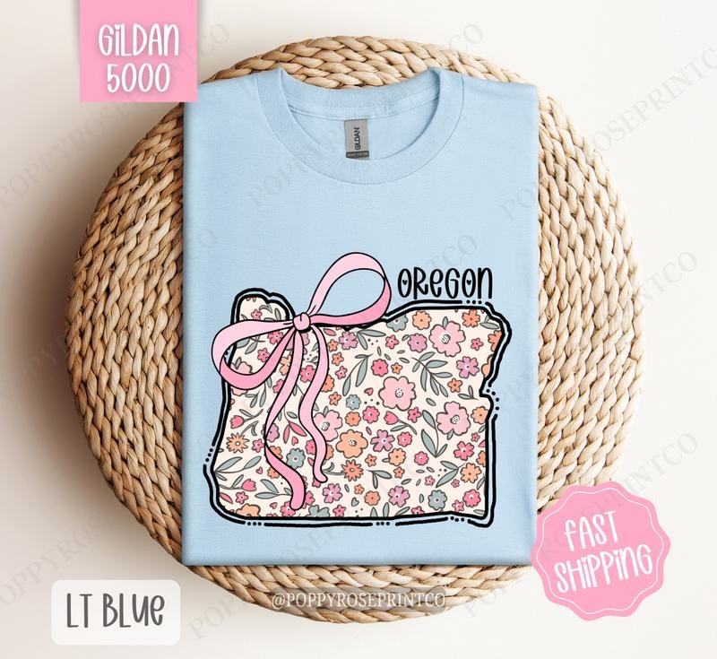 Oregon Floral Bow Gildan T-shirt, Cute Trendy Tee, State Coquette Oversized Top Hoodie, Sweatshirt | TeeBloomCo.com