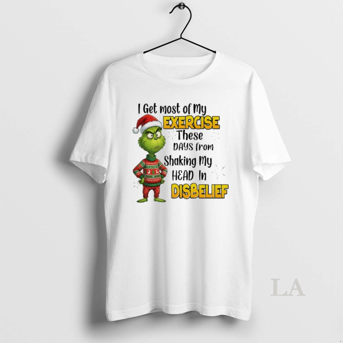 Original Grinch Santa I Get Most Of My Exercise These Days From Shaking My Head T-Shirts, Hoodie, Sweatshirt | TeeBloomCo.com