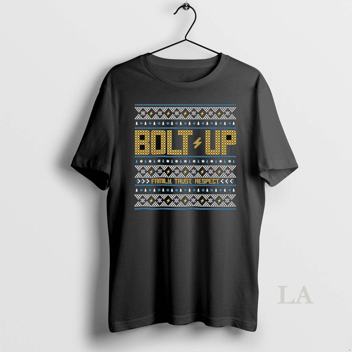 Original Los Angeles Chargers Bolt Up Family Trust Respect Ugly Christmas T-Shirts, Hoodie, Sweatshirt | TeeBloomCo.com