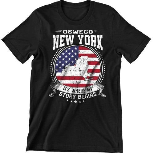 Oswego New York It's Where My Story Begins, Oswego NY Flag Shirt made in usa Hoodie, Sweatshirt | TeeBloomCo.com