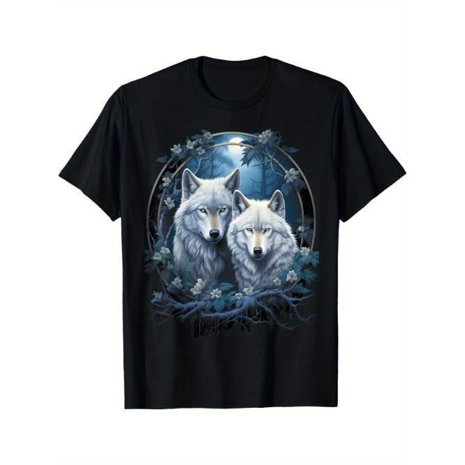 Outdoor men's crew neck T-shirt, comfortable and breathable, wolves in the forest at night and moon fantasy art wildlife...