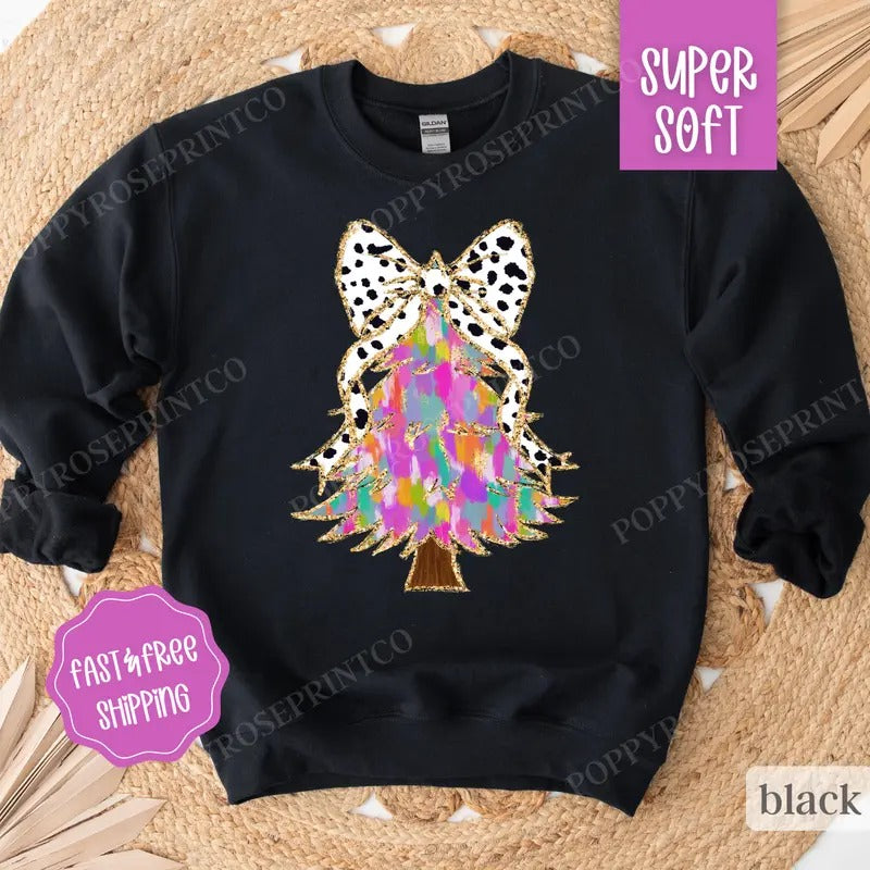 Painted Christmas Tree Sweatshirt, Christmas Sweater, Holiday Sweatshirt for Women T-Shirts, Hoodie | TeeBloomCo.com