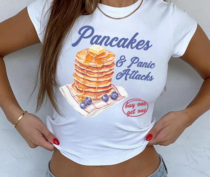 Pancakes And Panic Attacks Baby Tee, Funny Quotes Baby Tee, Mental Health Humor Sarcasm T-Shirt, Funny Sassy Saying Shirt...