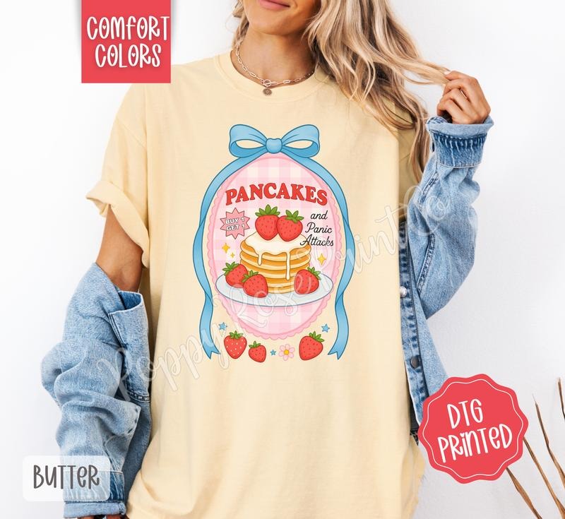 Pancakes and Panic Attacks Comfort Colors Shirt, Cute Women's Tshirt, Trendy Coquette Bow Tee, Gift for Her Hoodie,...